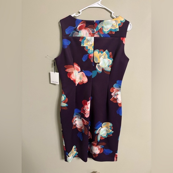 Calvin Klein Scuba Floral Printed Asymmetrical Ruching Sheath Dress Size 12 New - Picture 3 of 7